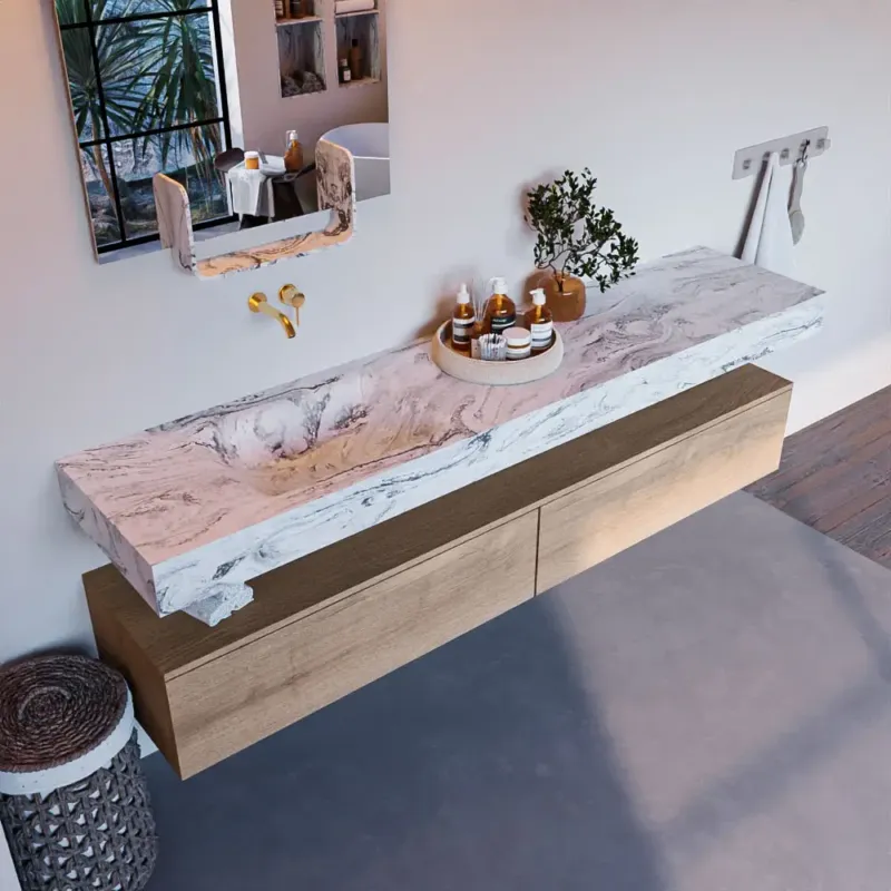 Weekendaanbieding Mondiaz Alan DLux badmeubel 200cm washed oak 2 lades met wastafel glace links zonder kraangat