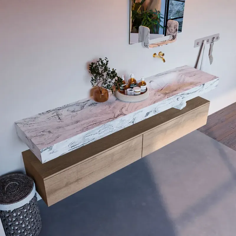 Laatste Versie Mondiaz Alan DLux badmeubel 200cm washed oak 2 lades met wastafel glace rechts zonder kraangat