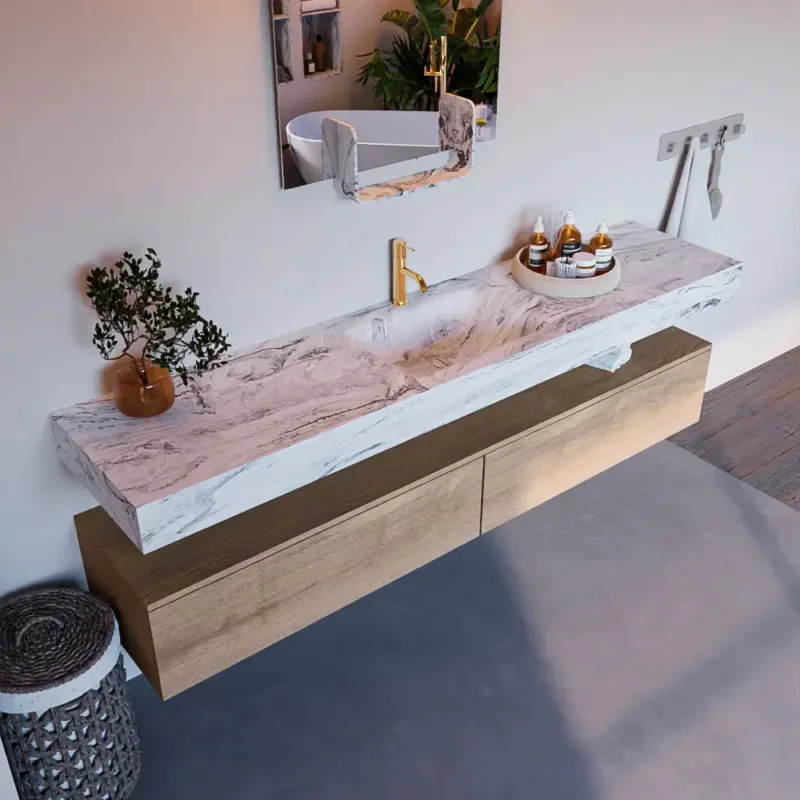 Lage Prijs Mondiaz Alan DLux badmeubel 200cm washed oak 2 lades met wastafel glace midden 1 kraangat