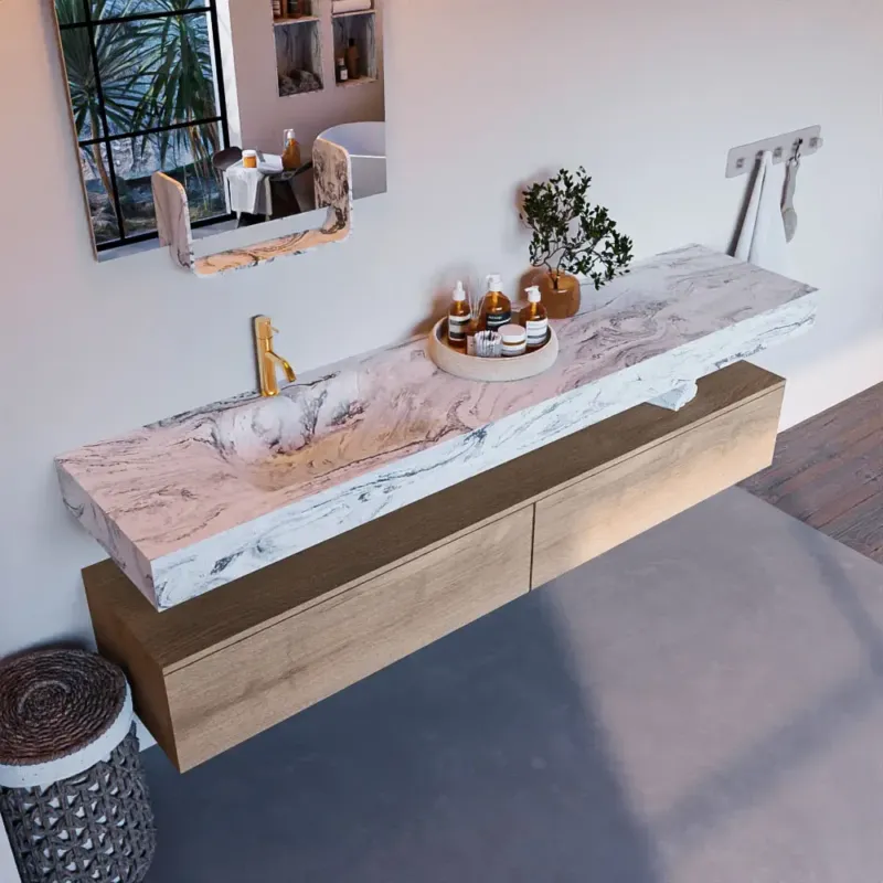 Mondiaz Alan DLux badmeubel 200cm washed oak 2 lades met wastafel glace links 1 kraangat Betaalbaar