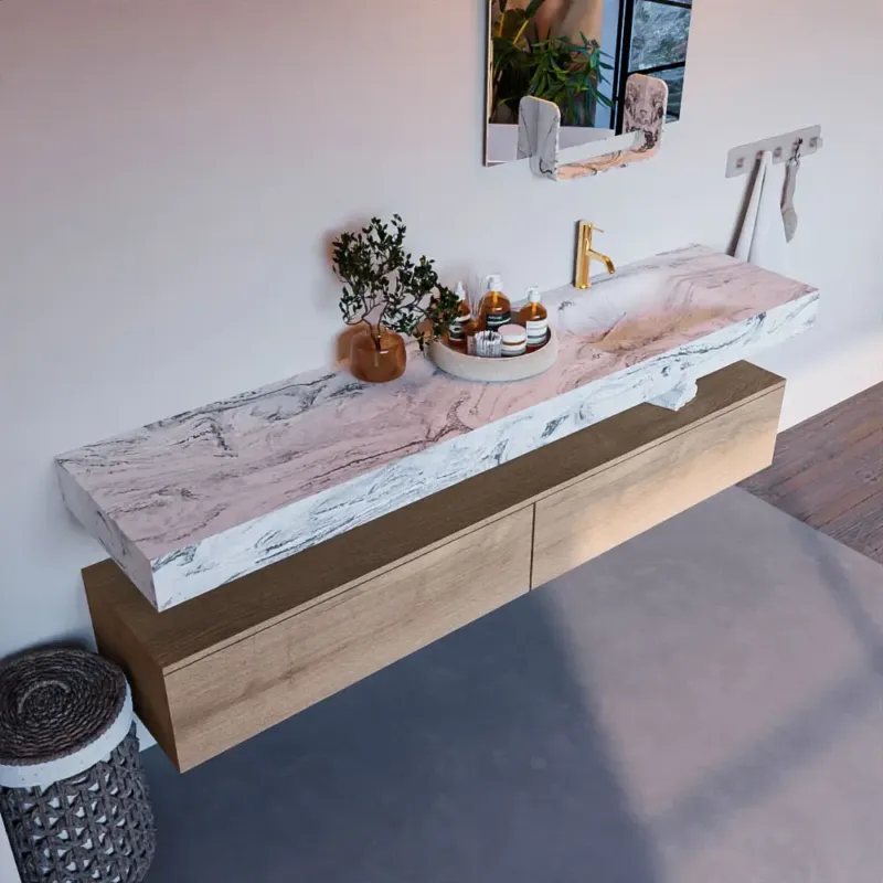 Lage Prijs Mondiaz Alan DLux badmeubel 200cm washed oak 2 lades met wastafel glace rechts 1 kraangat