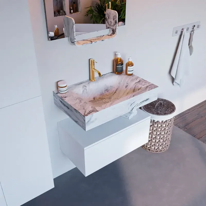 Mondiaz Alan DLux badmeubel 70cm talc 1 lade met wastafel glace midden 1 kraangat Op = Op