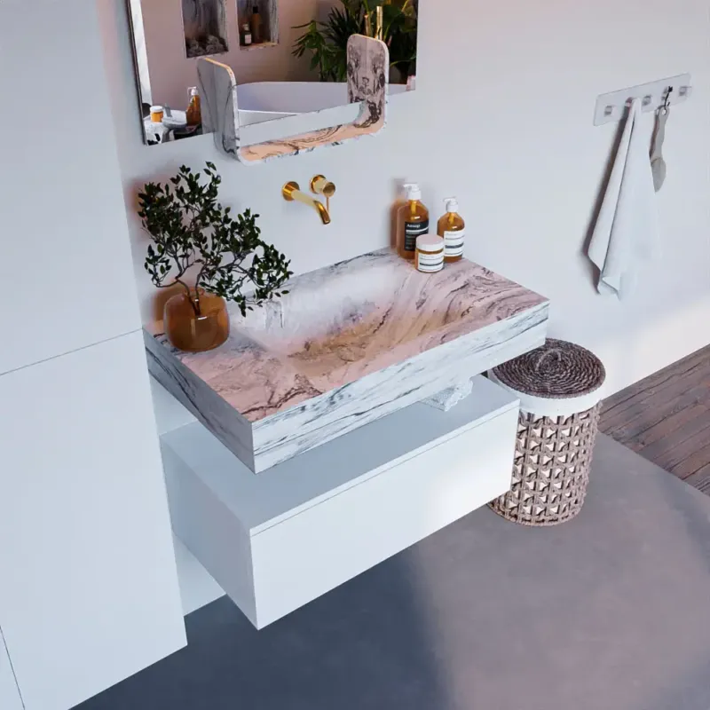 Voordeelprijs Mondiaz Alan DLux badmeubel 80cm talc 1 lade met wastafel glace midden zonder kraangat
