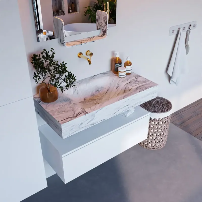 Mondiaz Alan DLux badmeubel 90cm talc 1 lade met wastafel glace midden zonder kraangat Merkproduct