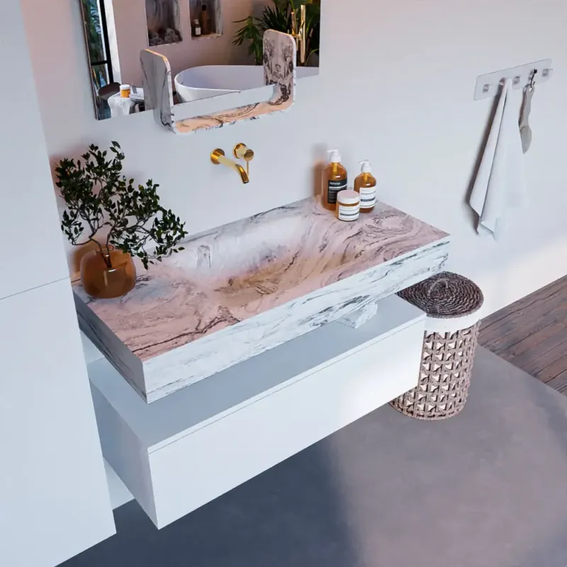Mondiaz Alan DLux badmeubel 100cm talc 1 lade met wastafel glace midden zonder kraangat Superprijs