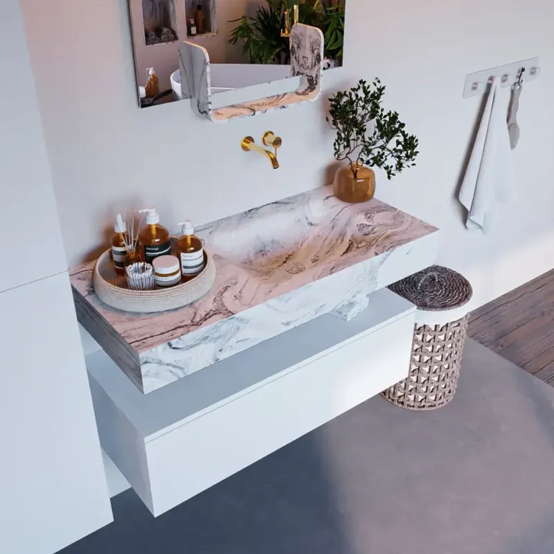 Mondiaz Alan DLux badmeubel 100cm talc 1 lade met wastafel glace rechts zonder kraangat Actieprijs