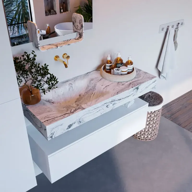 Flitsaanbieding Mondiaz Alan DLux badmeubel 110cm talc 1 lade met wastafel glace links zonder kraangat