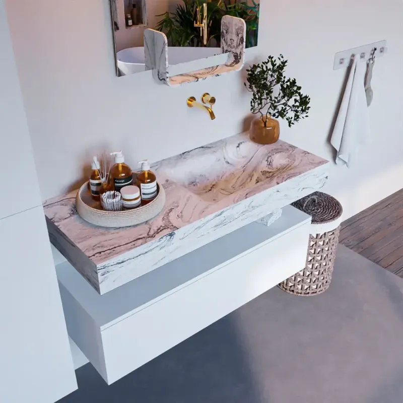 Mondiaz Alan DLux badmeubel 110cm talc 1 lade met wastafel glace rechts zonder kraangat Fabrieksprijs