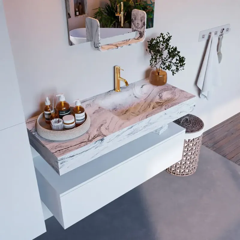 Mondiaz Alan DLux badmeubel 110cm talc 1 lade met wastafel glace rechts 1 kraangat Meest Verkocht