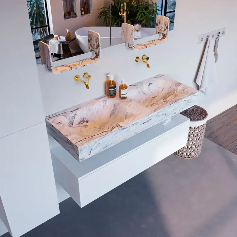 Mondiaz Alan DLux badmeubel 120cm talc 1 lade met wastafel glace dubbel zonder kraangat Koopje
