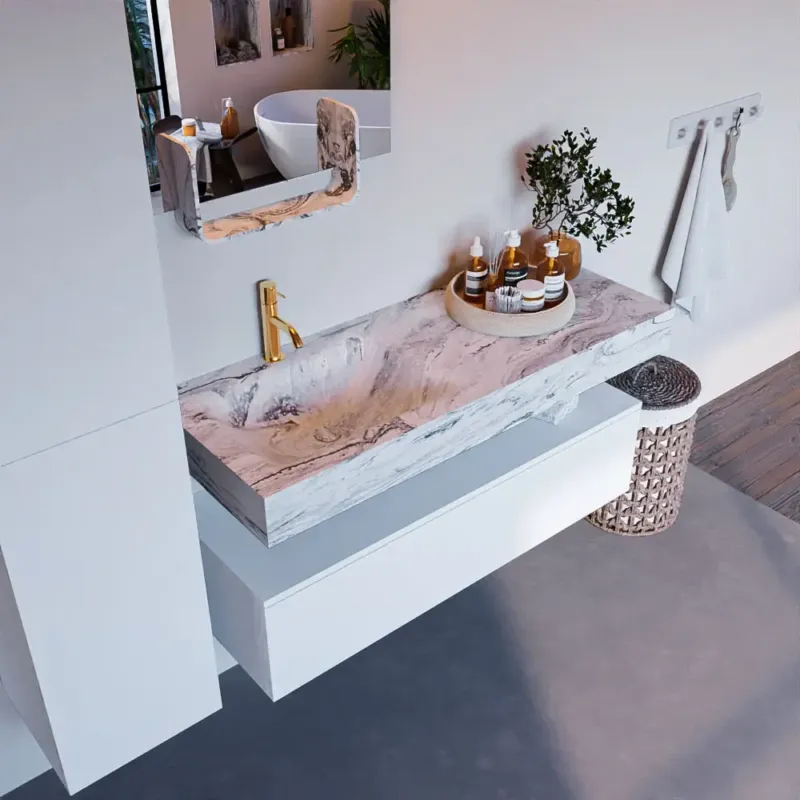 Mondiaz Alan DLux badmeubel 120cm talc 1 lade met wastafel glace links 1 kraangat Korting