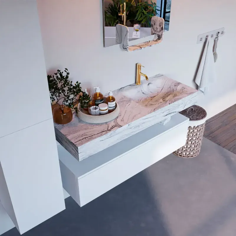 Mondiaz Alan DLux badmeubel 120cm talc 1 lade met wastafel glace rechts 1 kraangat Hete Deal
