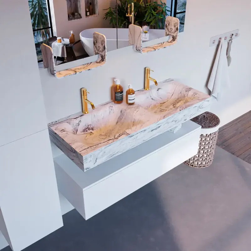 Koopje Mondiaz Alan DLux badmeubel 120cm talc 1 lade met wastafel glace dubbel 2 kraangaten