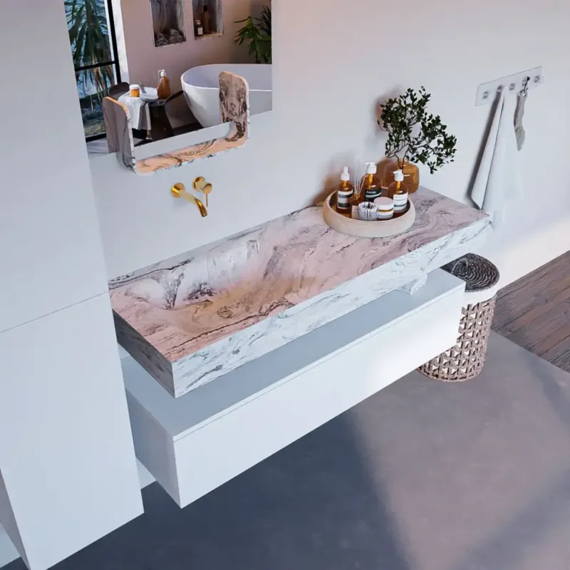 Koop Online Mondiaz Alan DLux badmeubel 130cm talc 1 lade met wastafel glace links zonder kraangat