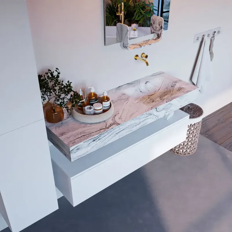 Mondiaz Alan DLux badmeubel 130cm talc 1 lade met wastafel glace rechts zonder kraangat Express Levering