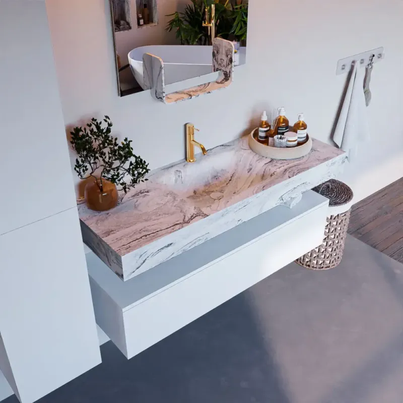 Mondiaz Alan DLux badmeubel 130cm talc 1 lade met wastafel glace midden 1 kraangat Koop Online