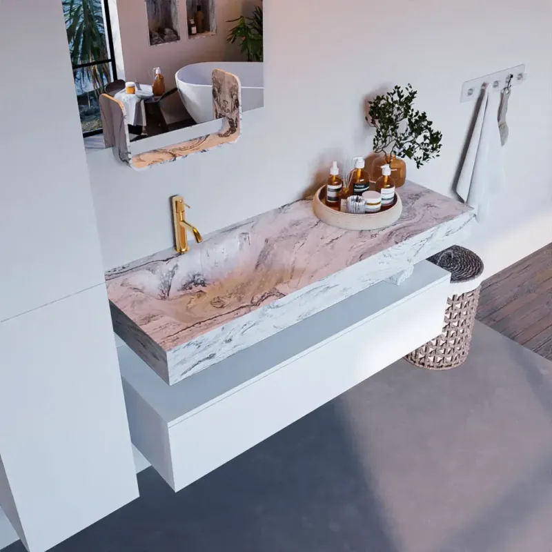 Mondiaz Alan DLux badmeubel 130cm talc 1 lade met wastafel glace links 1 kraangat Lage Prijs