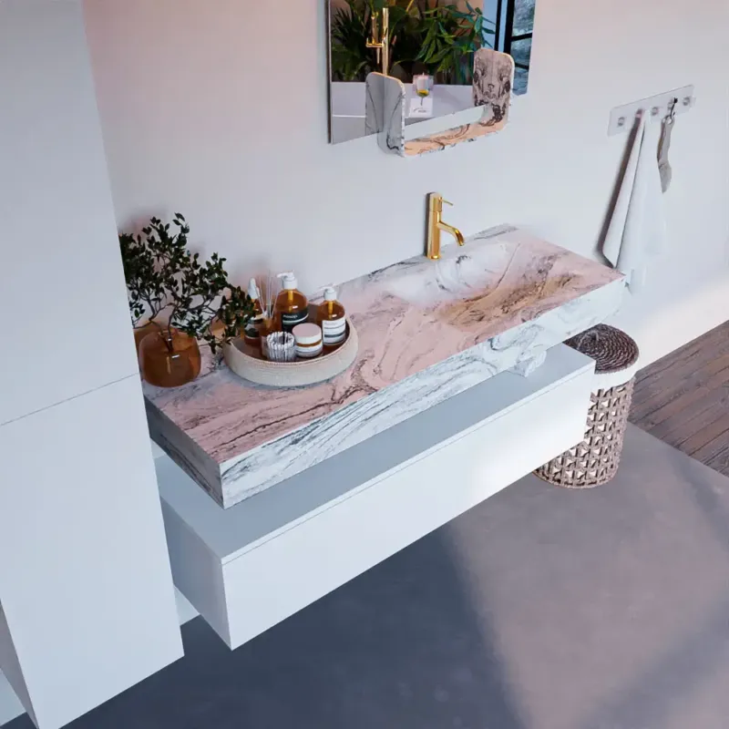 Mondiaz Alan DLux badmeubel 130cm talc 1 lade met wastafel glace rechts 1 kraangat Fabrieksprijs