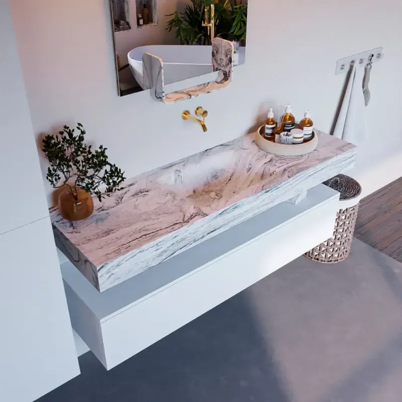Goedkoop Mondiaz Alan DLux badmeubel 150cm talc 1 lade met wastafel glace midden zonder kraangat