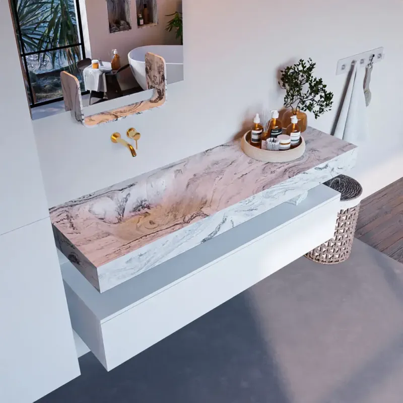 Mondiaz Alan DLux badmeubel 150cm talc 1 lade met wastafel glace links zonder kraangat Snelle Levering