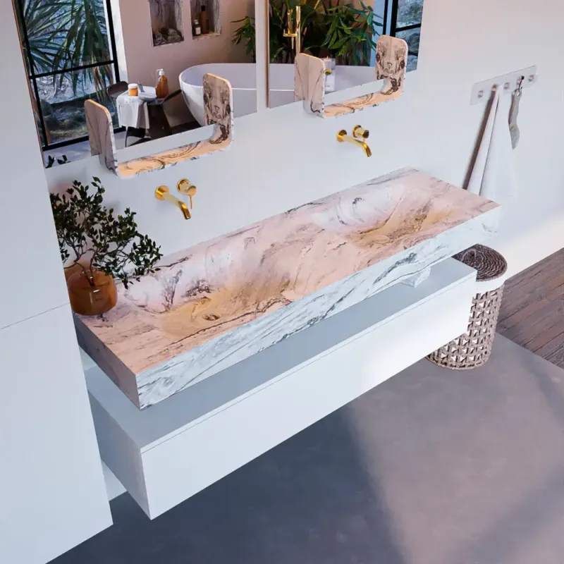 Lage Prijs Mondiaz Alan DLux badmeubel 150cm talc 1 lade met wastafel glace dubbel zonder kraangat