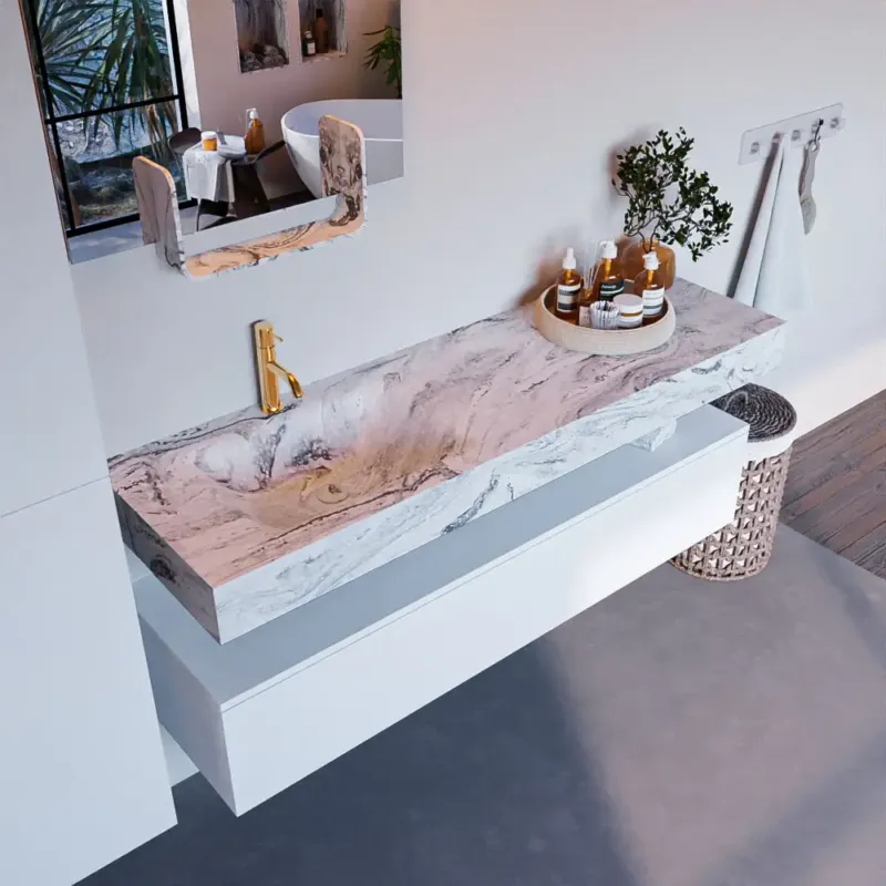Mondiaz Alan DLux badmeubel 150cm talc 1 lade met wastafel glace links 1 kraangat Actieprijs