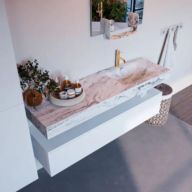 Mondiaz Alan DLux badmeubel 150cm talc 1 lade met wastafel glace rechts 1 kraangat Hoge Kwaliteit