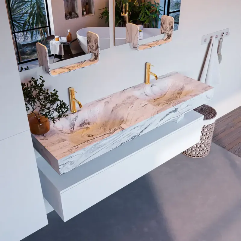 Mondiaz Alan DLux badmeubel 150cm talc 1 lade met wastafel glace dubbel 2 kraangaten Hete Deal