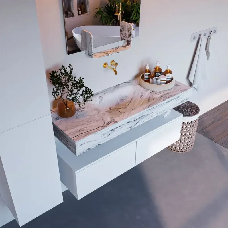 Mondiaz Alan DLux badmeubel 120cm talc 2 lades met wastafel glace midden zonder kraangat Favoriet