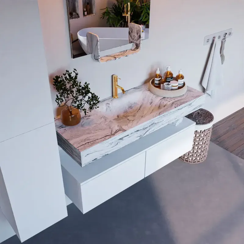Beperkte Voorraad Mondiaz Alan DLux badmeubel 120cm talc 2 lades met wastafel glace midden 1 kraangat