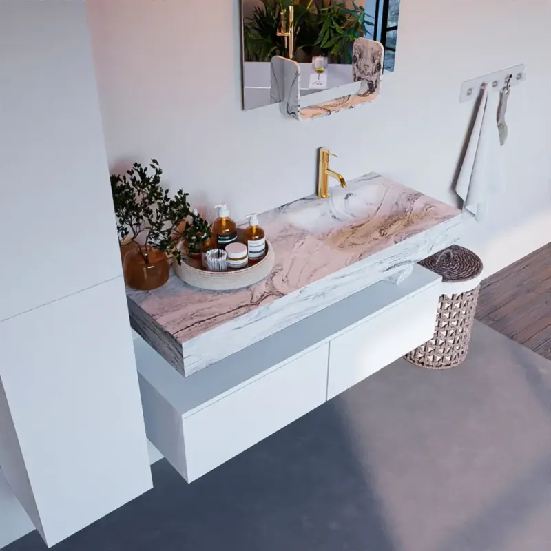 Mondiaz Alan DLux badmeubel 120cm talc 2 lades met wastafel glace rechts 1 kraangat Goedkoop