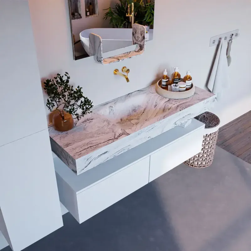 Mondiaz Alan DLux badmeubel 130cm talc 2 lades met wastafel glace midden zonder kraangat Gratis Retour