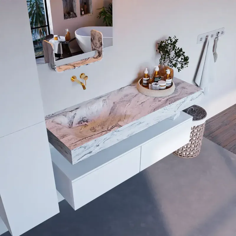 Dagaanbieding Mondiaz Alan DLux badmeubel 130cm talc 2 lades met wastafel glace links zonder kraangat