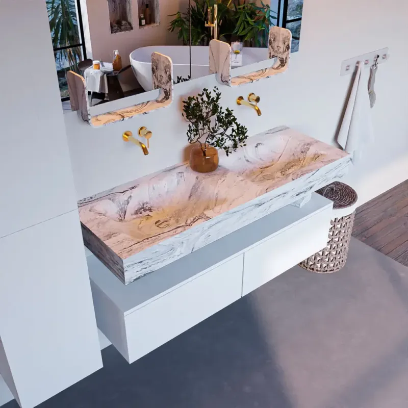 Meest Verkocht Mondiaz Alan DLux badmeubel 130cm talc 2 lades met wastafel glace dubbel zonder kraangat