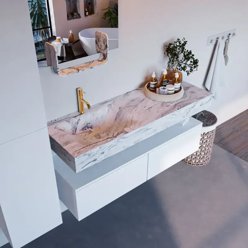 Gereduceerde Prijs Mondiaz Alan DLux badmeubel 130cm talc 2 lades met wastafel glace links 1 kraangat