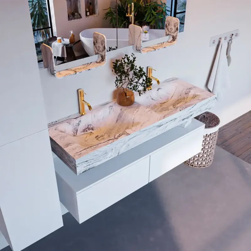 Mondiaz Alan DLux badmeubel 130cm talc 2 lades met wastafel glace dubbel 2 kraangaten Nu Kopen