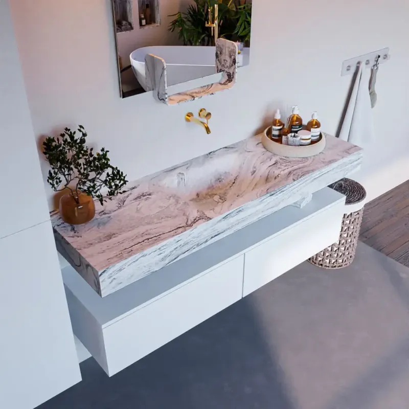 Beperkt Aanbod Mondiaz Alan DLux badmeubel 150cm talc 2 lades met wastafel glace midden zonder kraangat