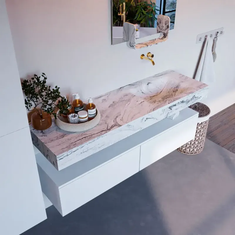 Mondiaz Alan DLux badmeubel 150cm talc 2 lades met wastafel glace rechts zonder kraangat Koop Vandaag
