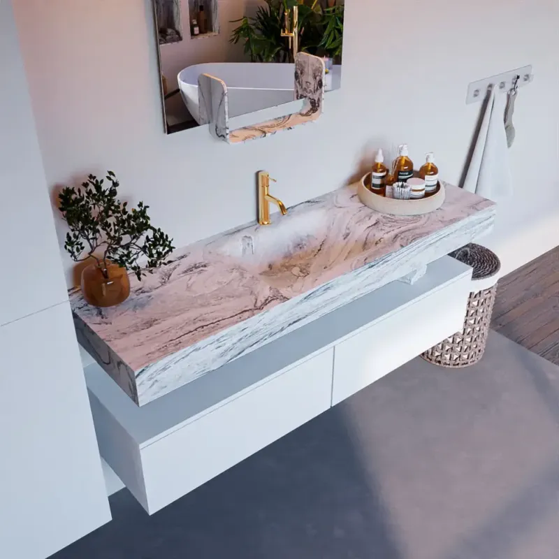 Mondiaz Alan DLux badmeubel 150cm talc 2 lades met wastafel glace midden 1 kraangat Laatste Versie