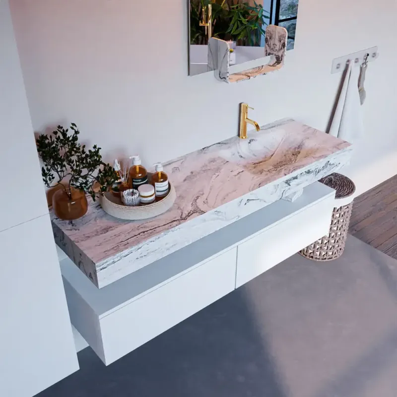 Mondiaz Alan DLux badmeubel 150cm talc 2 lades met wastafel glace rechts 1 kraangat Rechtstreeks Van De Fabrikant