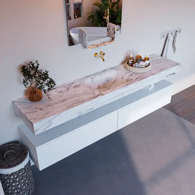 Bestseller Mondiaz Alan DLux badmeubel 200cm talc 2 lades met wastafel glace midden zonder kraangat
