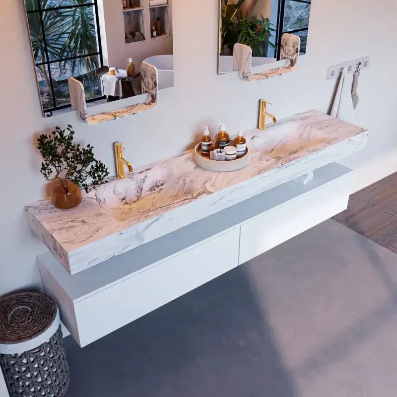 Mondiaz Alan DLux badmeubel 200cm talc 2 lades met wastafel glace dubbel 2 kraangaten Hoge Kwaliteit