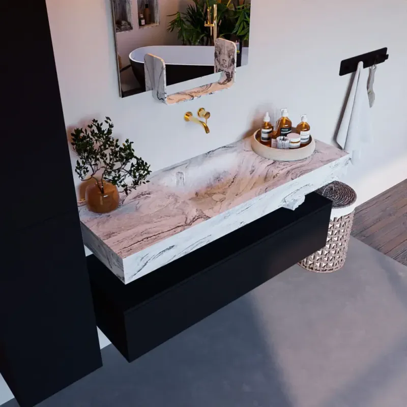 Korting Mondiaz Alan DLux badmeubel 130cm urban 1 lade met wastafel glace midden zonder kraangat