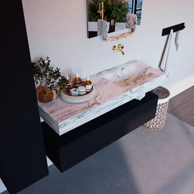 Mondiaz Alan DLux badmeubel 130cm urban 1 lade met wastafel glace rechts zonder kraangat Beperkte Voorraad