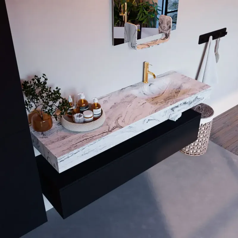 Koop Online Mondiaz Alan DLux badmeubel 150cm urban 1 lade met wastafel glace rechts 1 kraangat