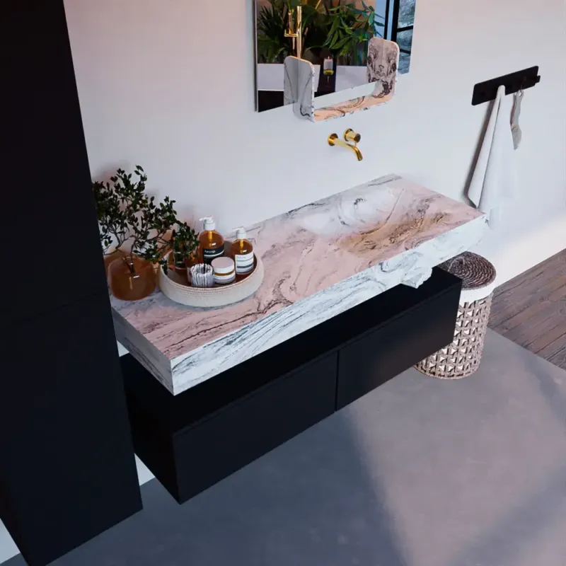 Mondiaz Alan DLux badmeubel 130cm urban 2 lades met wastafel glace rechts zonder kraangat Actieprijs