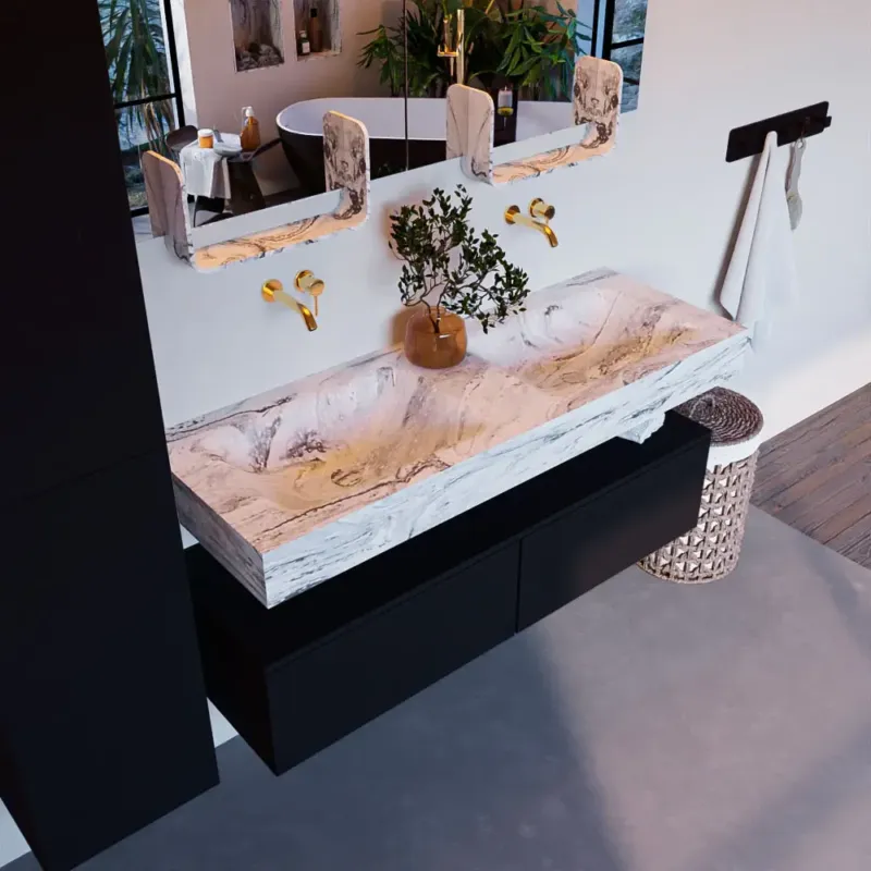 Mondiaz Alan DLux badmeubel 130cm urban 2 lades met wastafel glace dubbel zonder kraangat Lage Kosten