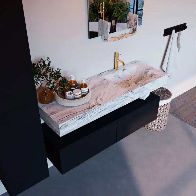 Mondiaz Alan DLux badmeubel 130cm urban 2 lades met wastafel glace rechts 1 kraangat Flitsaanbieding