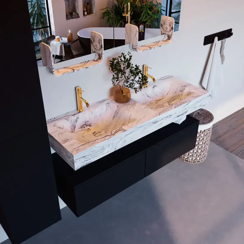 Mondiaz Alan DLux badmeubel 130cm urban 2 lades met wastafel glace dubbel 2 kraangaten Korting