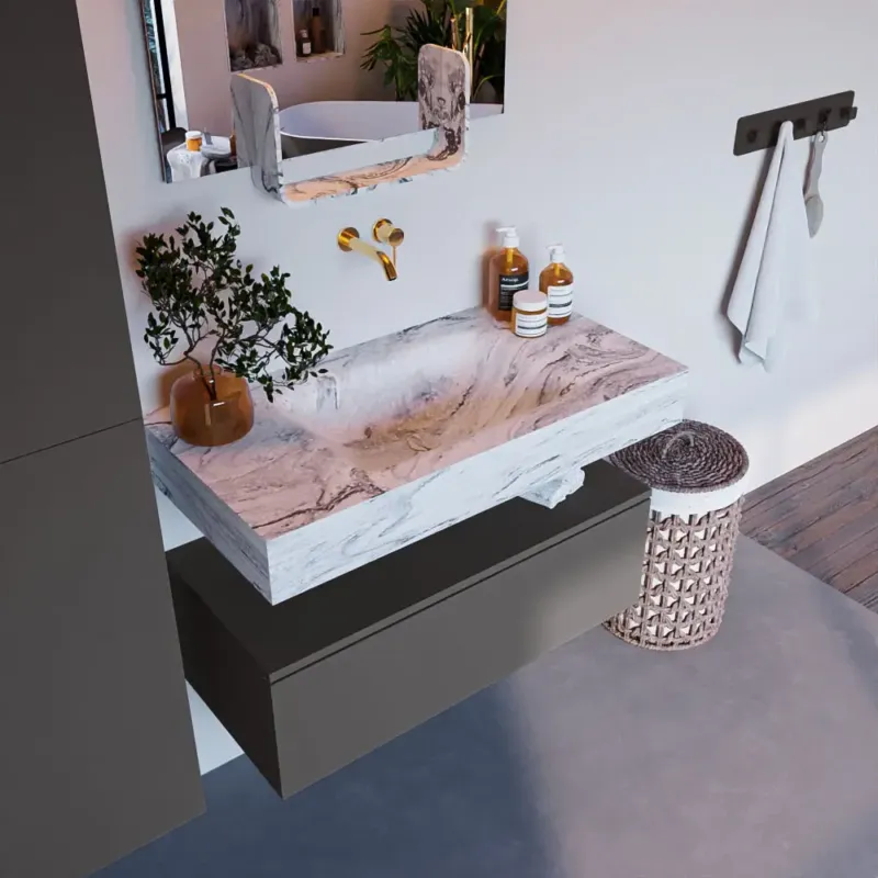 Mondiaz Alan DLux badmeubel 90cm dark grey 1 lade met wastafel glace midden zonder kraangat Uitverkoop